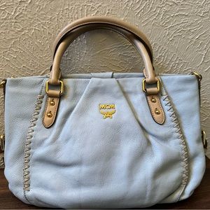 MCM Leather Satchel in Color-blocked Blue & Tan with COA